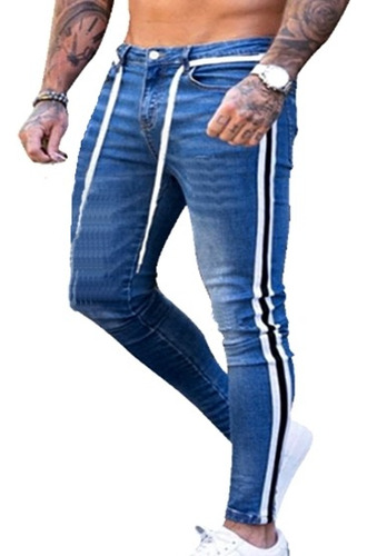 Calca Jeans Masculina Lista Faixa Lateral Slim Com Laycra