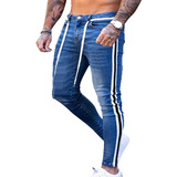 Calca Jeans Masculina Lista Faixa Lateral Slim Com Laycra