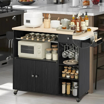 Quorive Barras Para Cocina Integral Extensible, Desayunador, Carrito De Almacenamiento Con Cajones (negro) | Meses sin interés