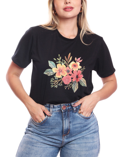 Tshirt Blusa Feminina Ramo De Flores Estampada Preto