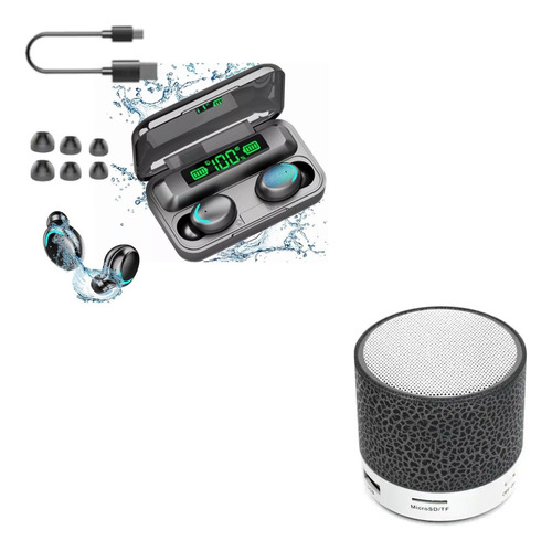 Kit Audífonos Bluetooth F9 Negros Y Bocinita Portátil Negra