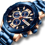 Reloj De Pulsera Curren Wat-lyjyfpdj, Analógico-digital, Para Hombre, Con Correa De Acero Inoxidable Color Azul Y Expandible