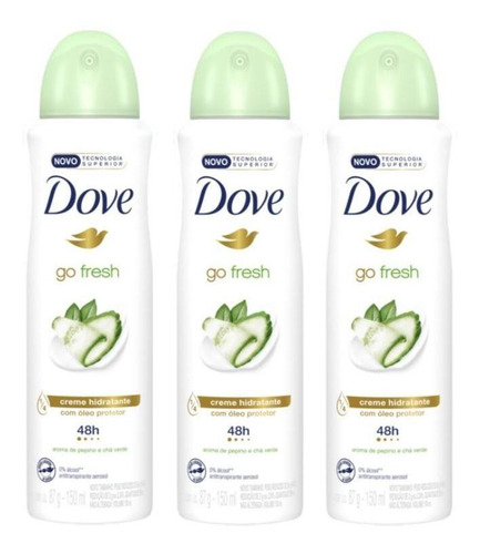 Kit 3 Desodorante Dove Go Fresh Pepino E Chá Verde 150ml