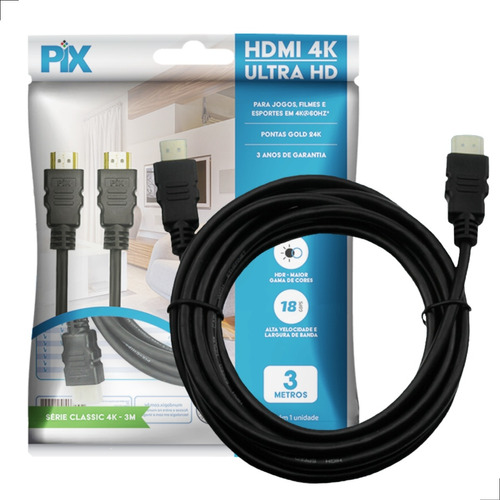 Cabo Hdmi 2.0 Ultra Hd 4k 3 Metros 19 Pinos Hdr Pix