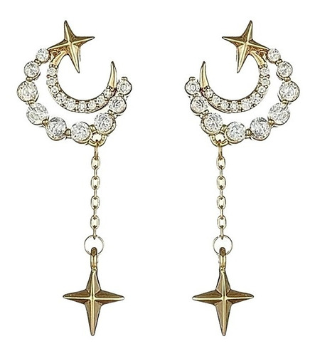 Oferta! Joyas Aros Luna Estrella Con Cristales Baño Oro 18kt