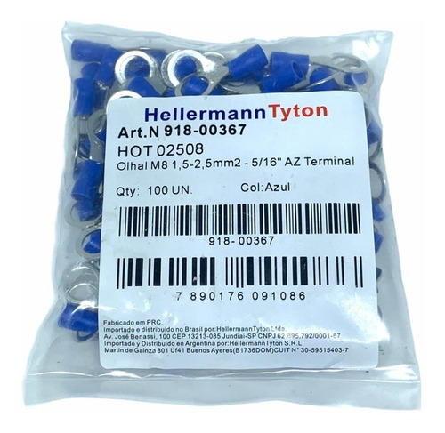 Terminal Olhal Isolado 1,5-2,5mm² M8 Azul Hellermann C/ 100