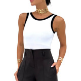 Regata Básica Feminina Preto Branco Borda Bicolor Moda Verão