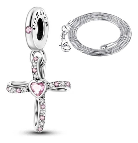 Charm Collar Cruz Plata S925 Corazon Rosa Compatible Pandor