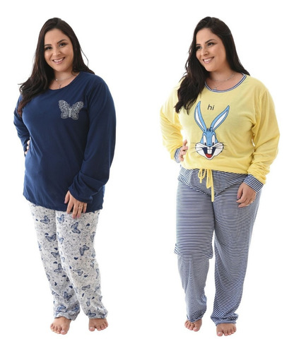 Kit 2 Pijamas Longo Plus Size Atacado Blusa E Calça Comprida