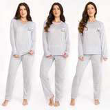 Kit 3 Pijama Feminino De Inverno Mescla Em Viscose Conjunto