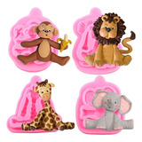 4 Unidades De Fondant Safari Animal Lion Elephant Monkey Jir