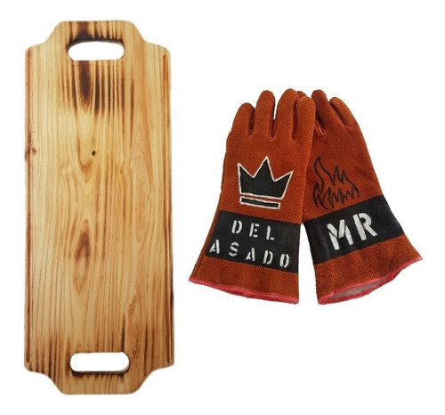 Kit Parrillero Guantes Asador Tabla Asado 100% Madera Grande