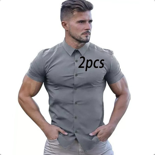 2pc Camisa  Fit Hombre Manga Corta Cuello Mao Casual Vestir