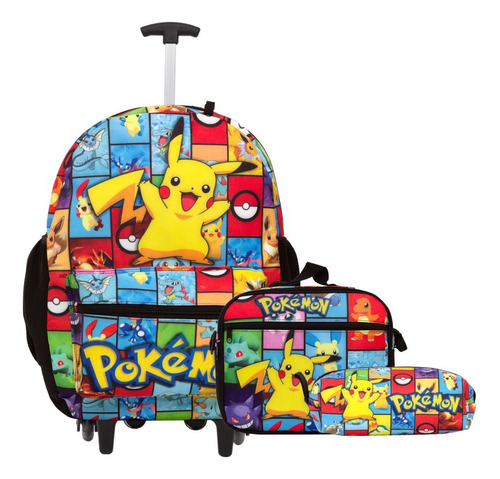 Kit Mochila Pokemon Juvenil Infantil Rodinhas Escolar