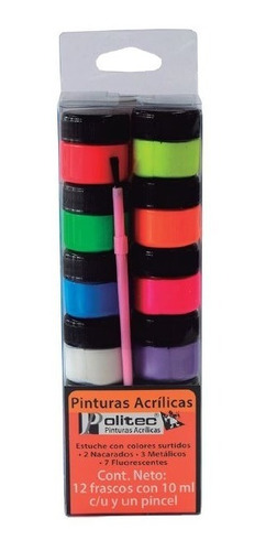 Kit Pinturas Acrílicas Politec 12 Colores Neón Y Metálicos