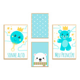 Quadros Decorativos Infantil Urso Azul Kit 4 Molduras 