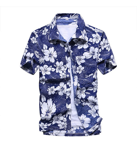 Blusa De Playa De Manga Corta Con Estampado Hawaiano Hombre