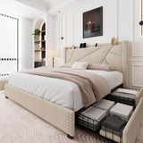 King Size Platform Bed Frame With 4 Storage Drawers, Upholst