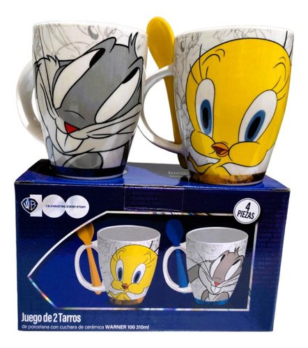 Dúo Tazas Bugs Bunny Y Piolín Warner Bros Con Cuchara 310ml 