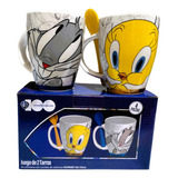 Dúo Tazas Bugs Bunny Y Piolín Warner Bros Con Cuchara 310ml 