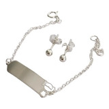 Conjunto Pulseira Chapinha Plaquinha Brinco Bolinha Prata