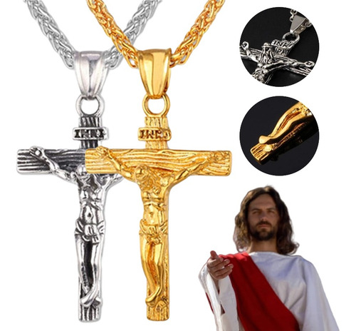 Collar De Cristo Jesús Cruz Acero Inoxidable Regalo Amor 2pz