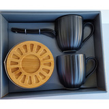 Set 2 Tazas  Porcelana Negra Plato De Bamboo / Lineas 320ml