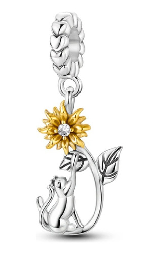 Charm Gato Y Flor Girasol Con Circón Plata 925 Silver Heart