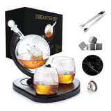 Whiskey Decanter Globe Set With 2 Etched Globe Whisky Gla...