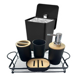 Kit Lavabo Com Bandeja Acessorios Banheiro Preto Lixeira 6pç