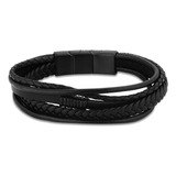 Pulseira Life Masculina Aço E Couro Preto 19,5 Cm Comprimento 21.5 Cm