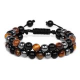 Pulsera Cuentas Hematita Ojo De Tigre Ónix Negro Unisex