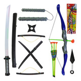 Kit Ninja Espada Nunchaku Katana Estrela Adaga Arco E Flecha