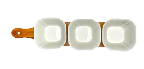 Jogo Tábua Bambu Com 3 Bowls Porcelana Quadrado Branca 4 Pcs