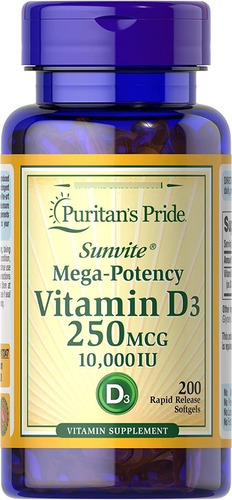Vitamina D3 10000iu 250 Mcg 200 Softgels Origen Eeuu