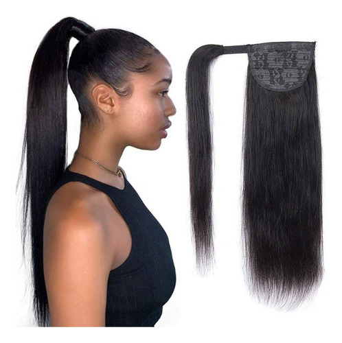 Cola De Caballo Recta Cabello Humano 55cm Negro 100g