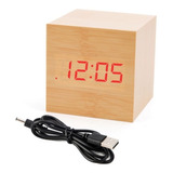 Reloj Digital Despertador Cubo De Madera Luz Led 