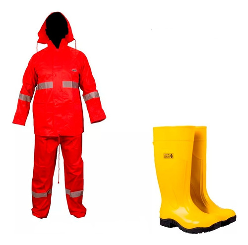 Kit Bota Dieléctrica + Impermeable Chamarra Y Pantalón Rojo