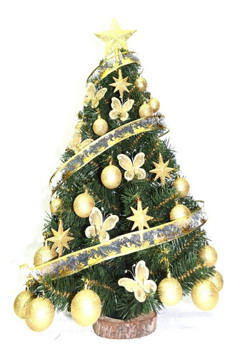 Árbol De Navidad 0,80 Mt Con Adornos Oro. Pie Tronco Natural Color Dorado