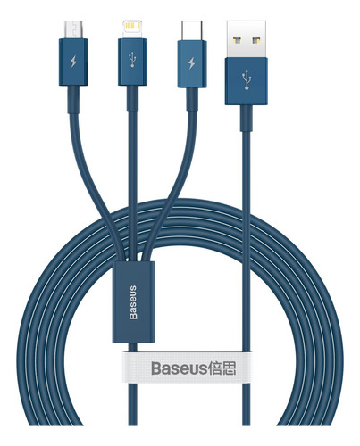 Cabo Baseus 3 In 1 Lightning + Tipo-c + Micro-usb 1.5m 3.5a Cor Azul