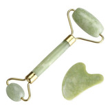 Rolo Pedra Jade + Placa Gua Sha Coração Massagem Facial Cor Outro