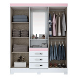 Guarda-roupa Casal 4 Portas 3 Gavetas B24 Branco/rosa Chá