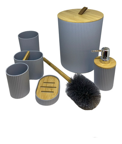 Kit Conjunto Banheiro Lavabo C/ Tampa Lixeira 6 Peças Bambu