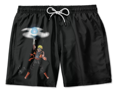 Short Praia Masculino Naruto Uzumaki Preto Estampado Tactel 