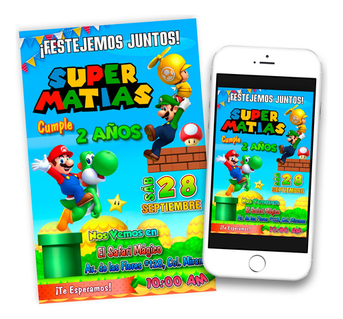 Invitación Digital Mario Bros Yoshi Y Luigi Imprimible