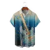 Camisa Hawaiana Unisex Azul For Guitarra Musical, Camisa De