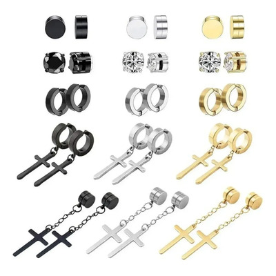 Daiweiyox 15pares Aretes Hombre Imán Aretes Cruz Falsos Piercing Acero Inoxidable Multicolor