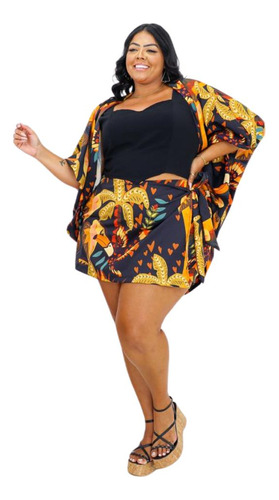 Kit Kimono Feminino Plus Size Estampado 2 Peças Conjunto