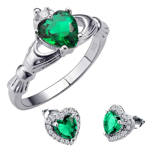 Set Anillo Y Aretes Zirconia Corazón Claddagh Esmeralda