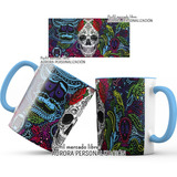 Mug Taza Oreja Interior Azul Calavera Catrinas Halloween 02